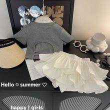 韩系女童夏季套装2023新款儿童短袖T恤百褶裙两件套女宝裙裤洋气