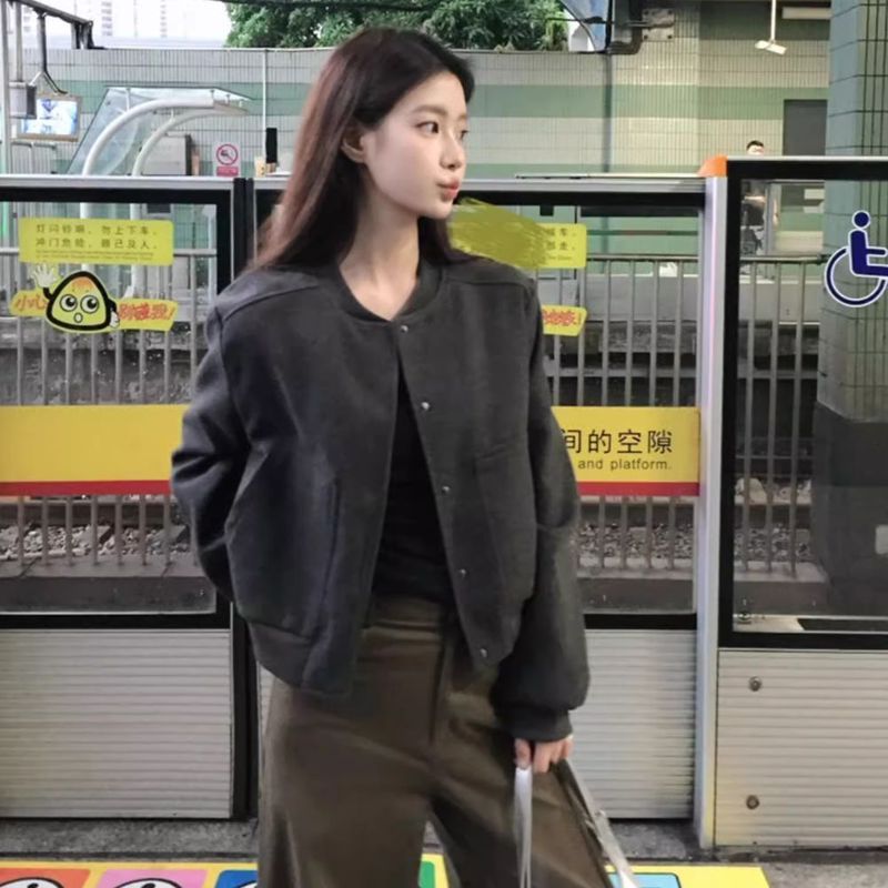 美式复古灰色短款棒球服外套女春秋款设计感小众宽松休闲夹克上衣|undefined