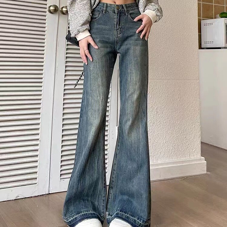 American-style Retro Micro-lar Jeans Women's Spring and Autumn plus size chubby girl High Waist Slimming Loose Straight Wide-leg Flared Pants
