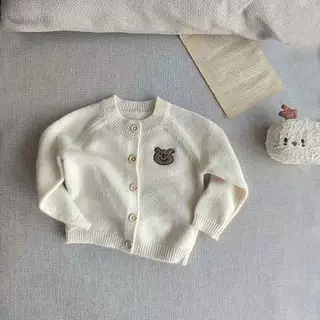 韩版ins纯色小熊头针织毛衣春秋开衫刺绣女新款上衣圆领外套长袖