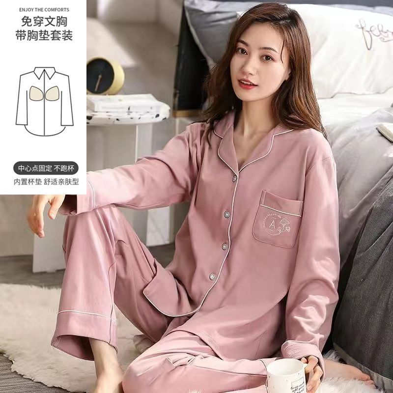 Pijama con cojín de pecho para mujeres primavera y otoño mangas largas 2023 nuevo conjunto de ropa de casa de otoño para mujeres