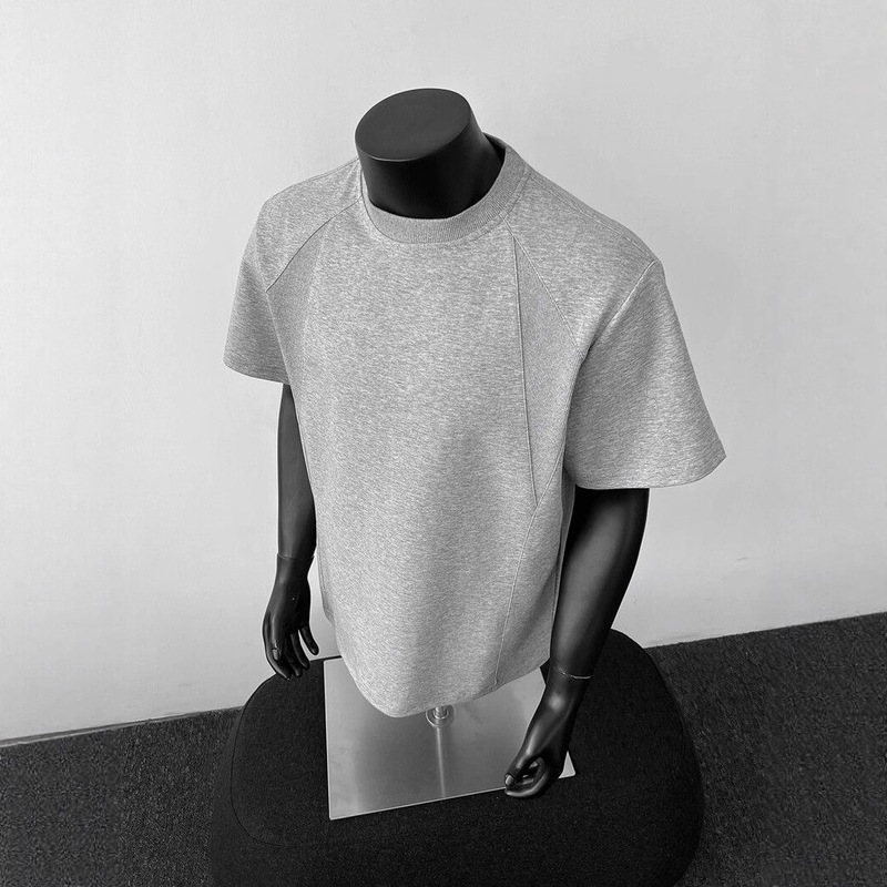 American Heavyweight Air Cotton Right Shoulder Deconstructed Round Neck Short Men's T-Shirt Casual Threaded Trendy Brand Splicing Short-Sleeved T-Shirt for Men