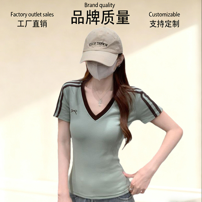 Cross-Border 2026 Summer Korean-Style Design Slim-Fit Striped Color-Block Embroidered V-Neck Short-Sleeve T-Shirt Women's New Top Cross-Border 2026 Summer Korean-Style Design Slim-Fit Striped Color-Block Embroidered V-Neck Short-Sleeve T-Shirt Women's New Top