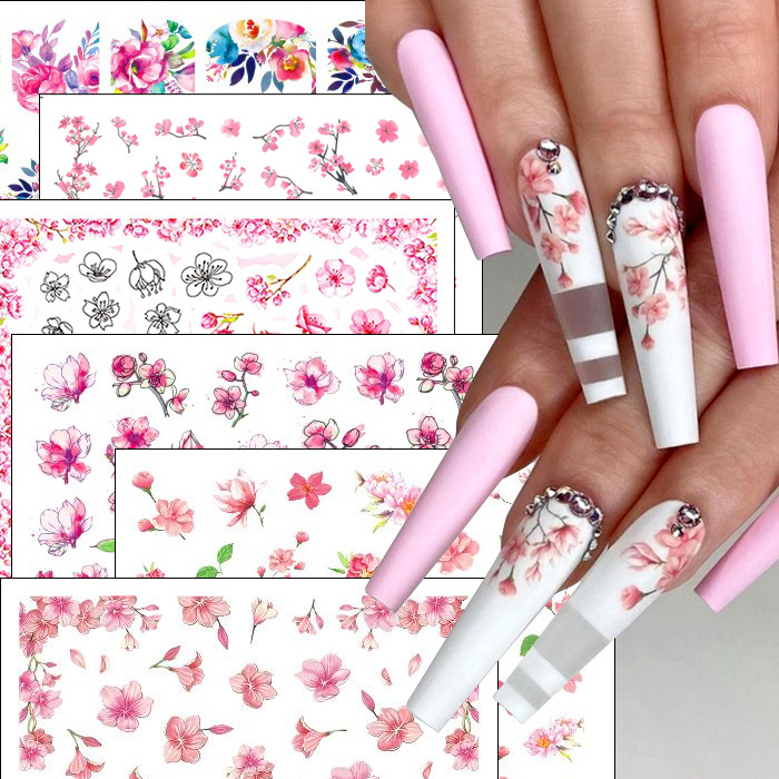 Spring pink flower nails sticker nails sticker flower nail stickers…