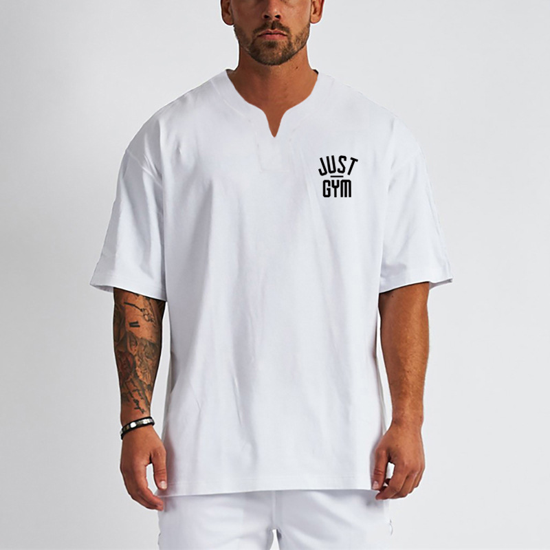 European and American muscle men's V-neck fitness T-shirt plus size breathable half sleeve short sleeve Oversized loose casual wear