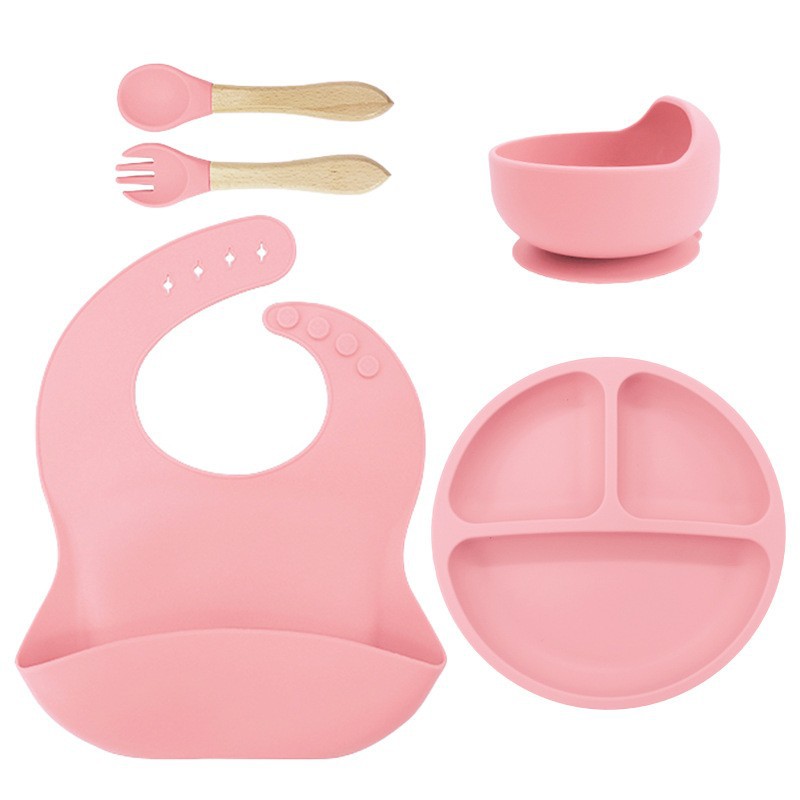 115g 턱받이 + 작은 흡입 컵 + 그릇 + 나무 포크와 스푼 핑크
