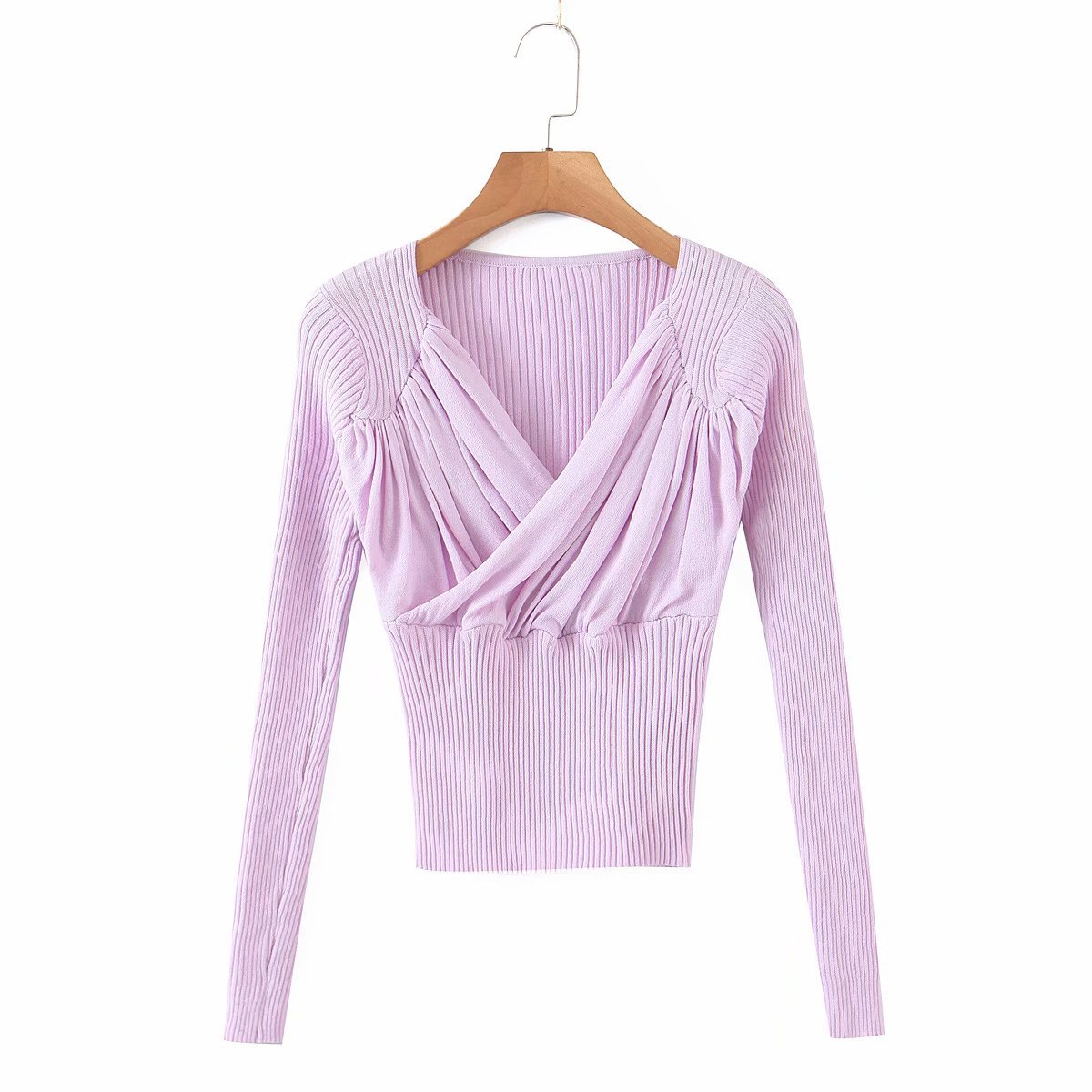 V-neck pleated slim bottoming sweater long-sleeved top knit sweater NSAM52295