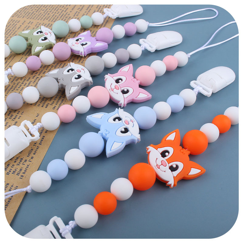 Bebé animal de dibujos animados Fox gato silicona teether dientes de bebé palo de juguete teether pezón cadena anti-caída
