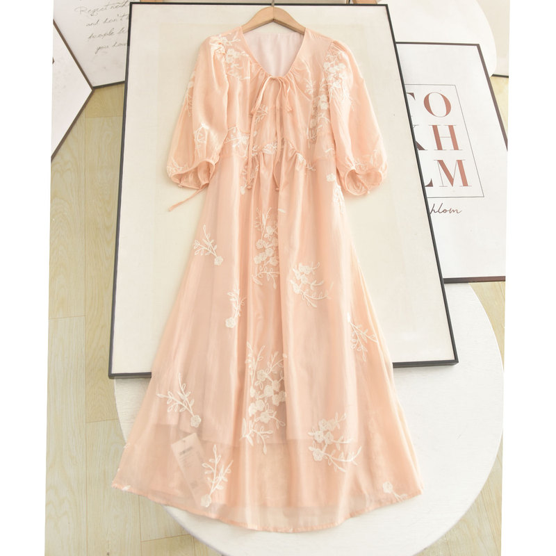 Foreign Trade Women's Clothing 2026 Summer French Style Lace-Up V-Neck Elegant Age-Reducing Jacquard Embroidery Sweet Long Dress for Women