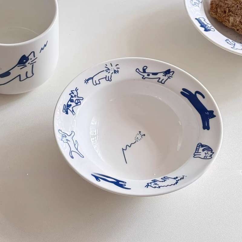 韓国に輸出レトロかわいい線画犬猫セラミックプレート 8inch 漫画デザート朝食プレートニッチビューバブル|undefined