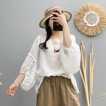 纯苎麻小衫 2025夏季新款 洋气灯笼袖设计圆领宽松套头上衣女