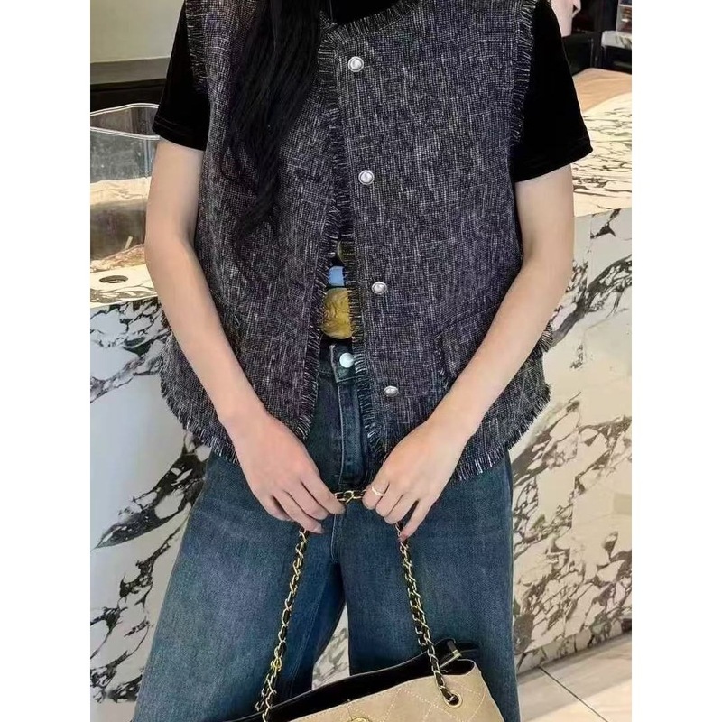 小香风马甲女圆领无袖单排扣设计感毛边马夹背心时尚百搭叠穿外套|undefined