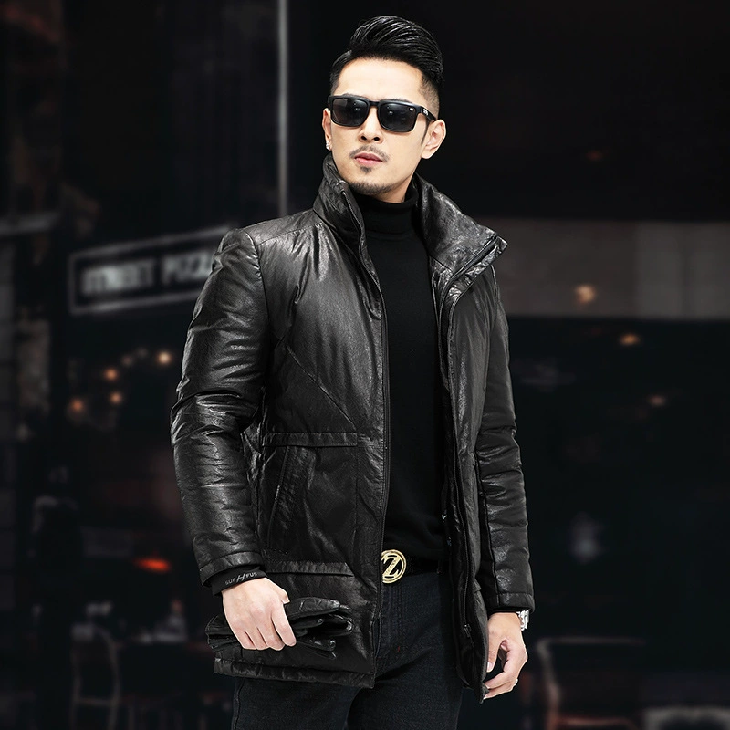Men's long down jacket, genuine leather outer, thickened insulation, plus sizes (black)