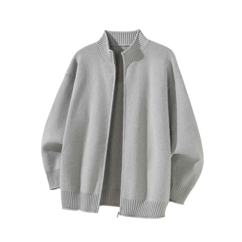 Cross-Border Relaxed Rolled Edge Stand-Up Collar Zipper Cardigan Sweater Men's Autumn and Winter Knitted Sweater Jacket Loose Outer Sweater Control
