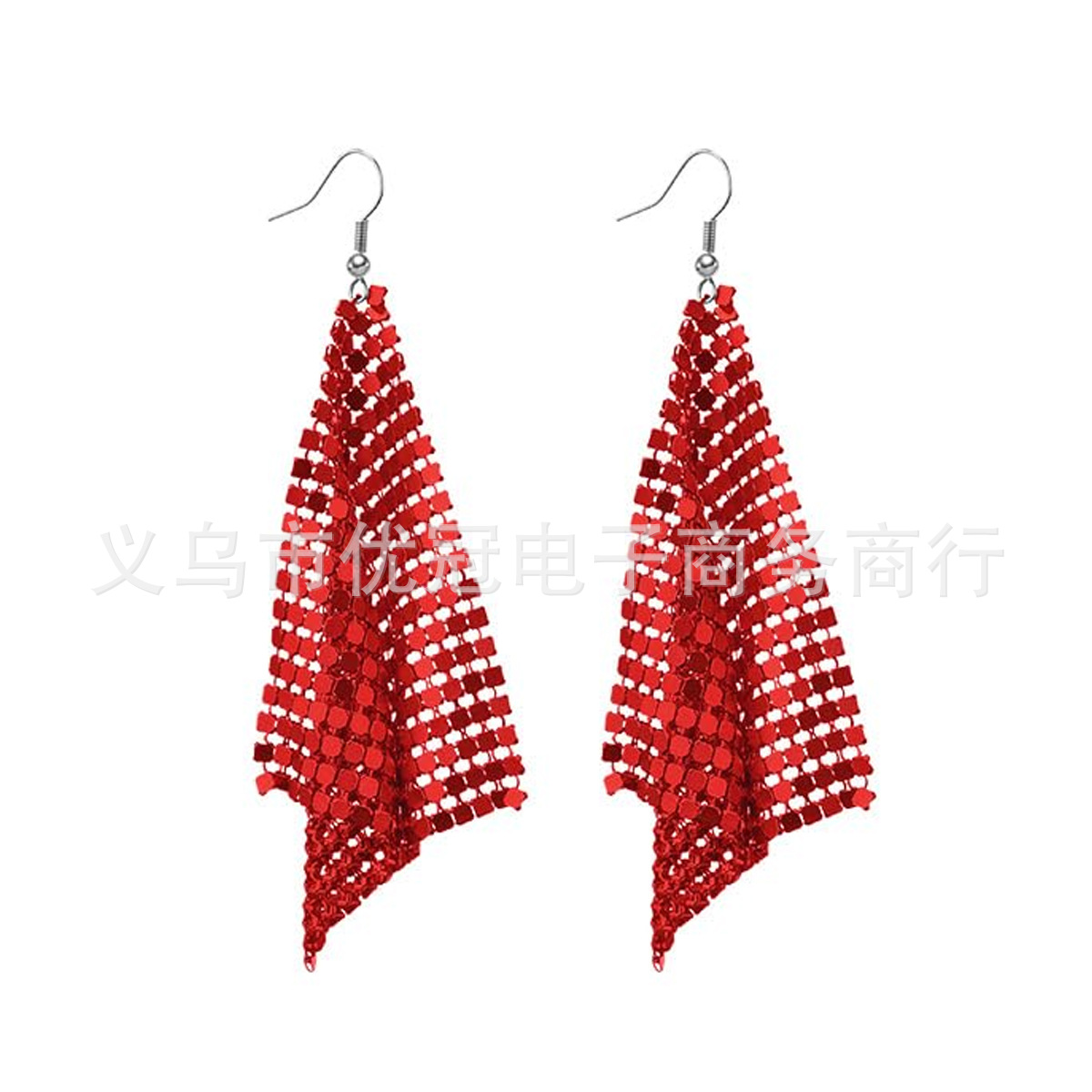 方形亮片耳环大红