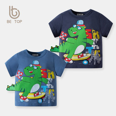 2024 Summer New Boys' T-Shirt Korean Style Printed Dinosaur Cartoon Top Pure Cotton Children's Clothing Wholesale & Dropshipping
