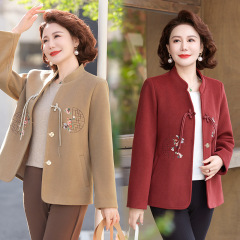 お母さんの春の服の洋風のファッションの立襟の服の中高年の毛のコートの女性の春秋の新型の中国風の上着