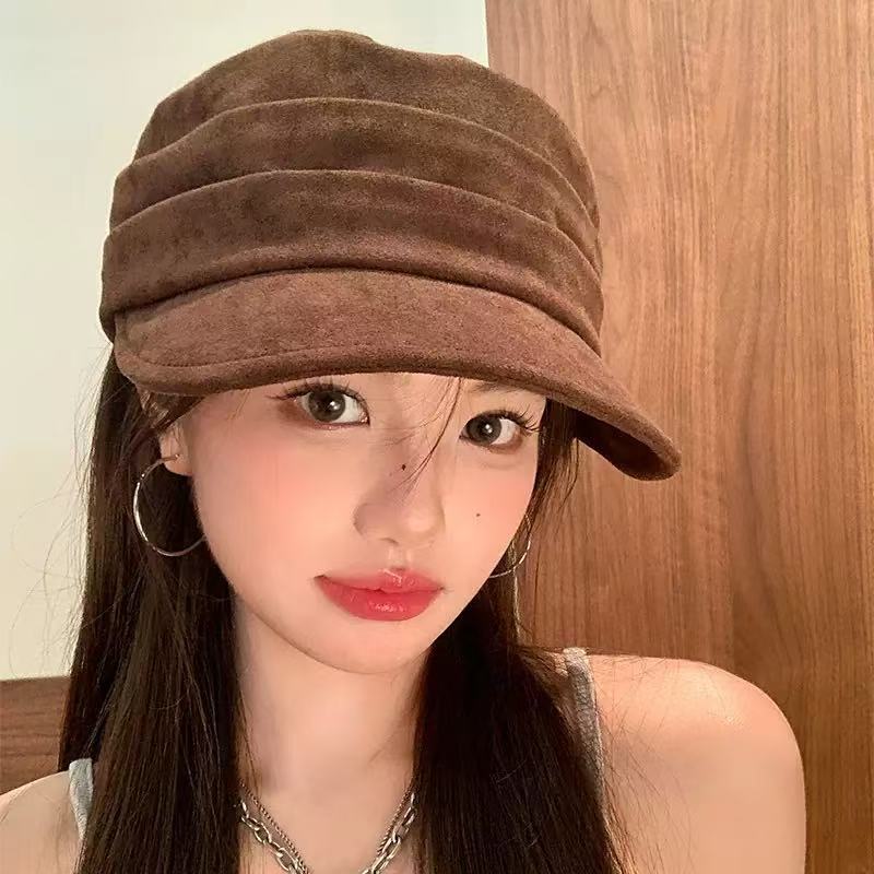 麂皮褶皱马术平顶贝雷帽女春秋复古做旧八角帽高级感百搭鸭舌帽子|undefined