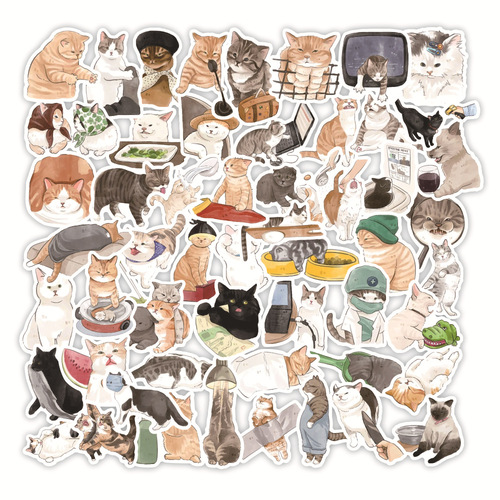 50 cartoon hand-drawn cute cat stickers for notebooks, water-resistant luggage, stationery, guitars, and books