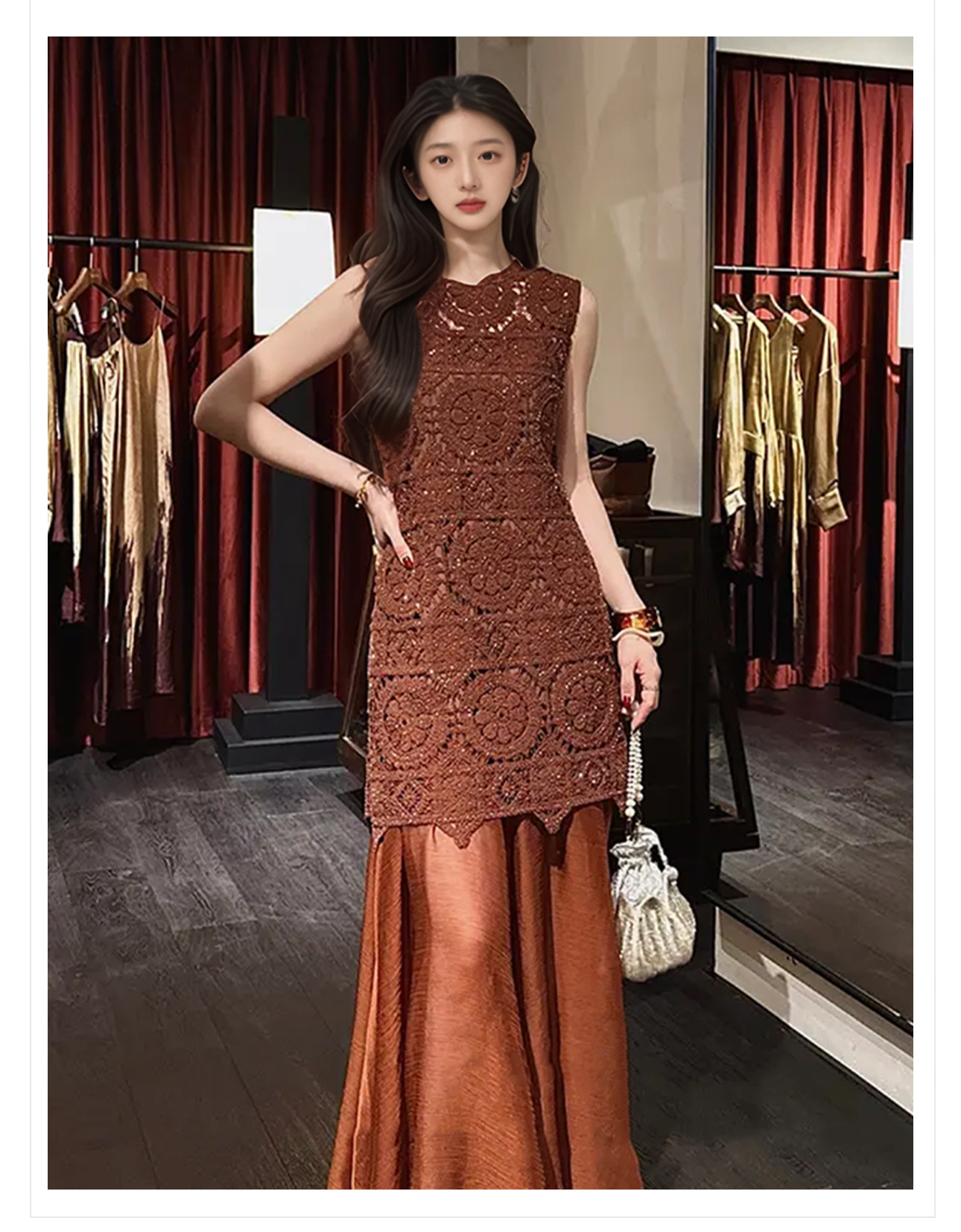 Đầm maxi nữ thêu ren chắp vá phong cách chinoiserie tay ngắn — Màu đỏ san hô, Màu trắng be chi tiết 3