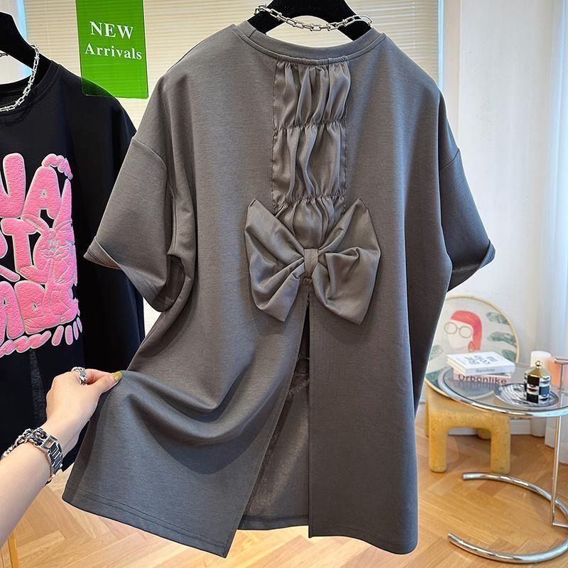 New Back Split T-shirt Round Neck Bow chubby girl Loose Slim plus size Women's Summer Top Trendy New Back Split T-shirt Round Neck Bow chubby girl Loose Slim plus size Women's Summer Top Trendy