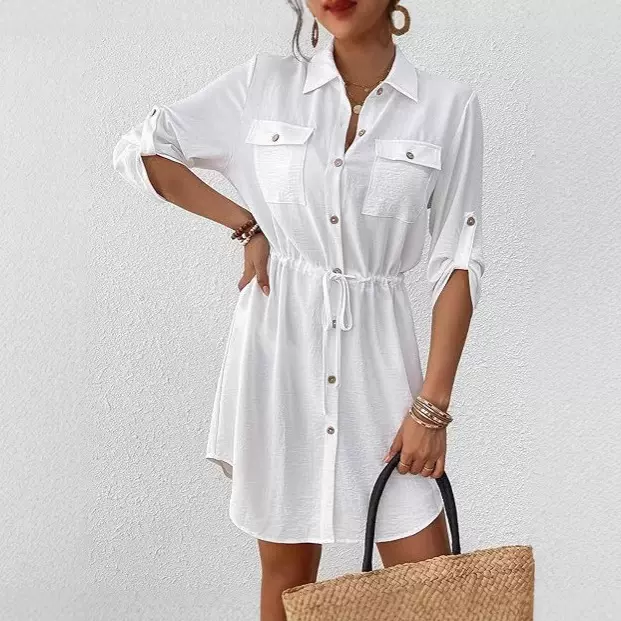 跨境2025秋季新款纯色系带连衣裙亚马逊海边度假比基尼罩衫沙滩裙