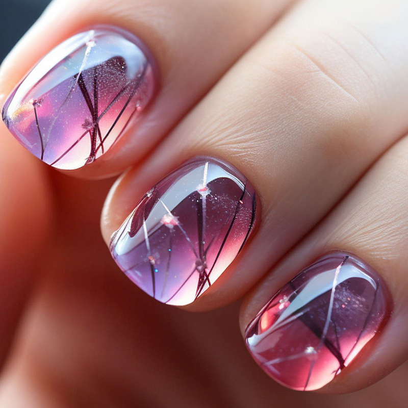 Dreamy Gradient Purple Aurora Nail Art Stickers with Artistic Line Design, Wearable Nails, Brightening and Delicate Nail Pieces, Same Style as Internet Celebrities