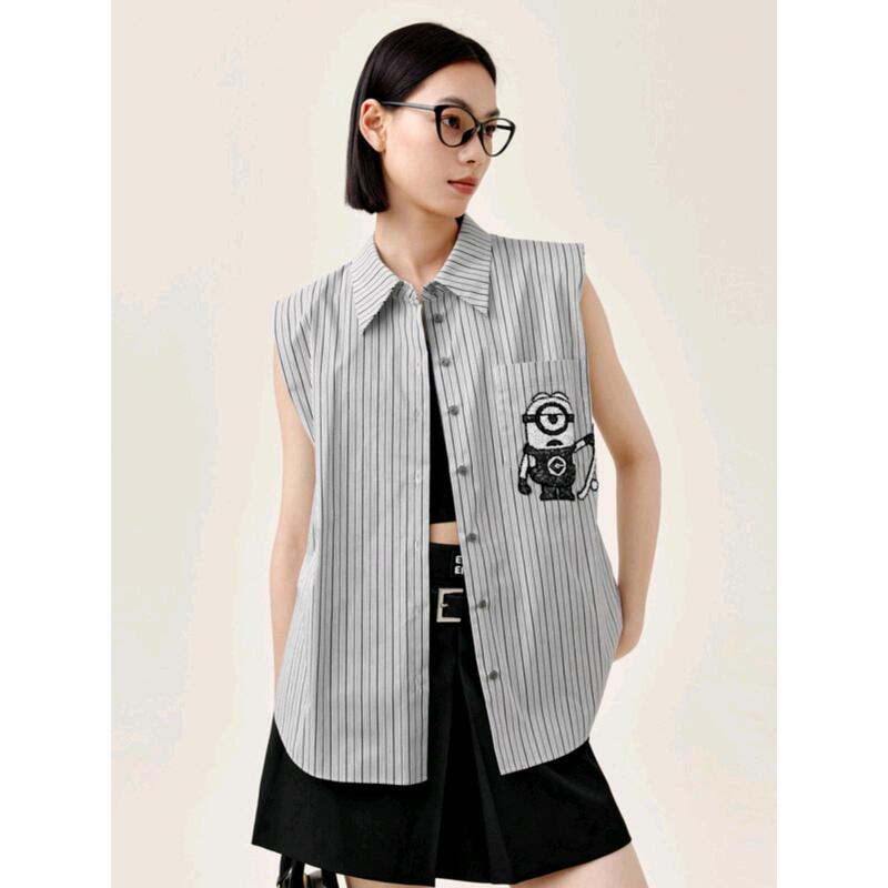 The Same Style as the Shopping Mall's Eveili 2024 Early Autumn New Minion Joint Sleeveless Stripesd Shirt for Women