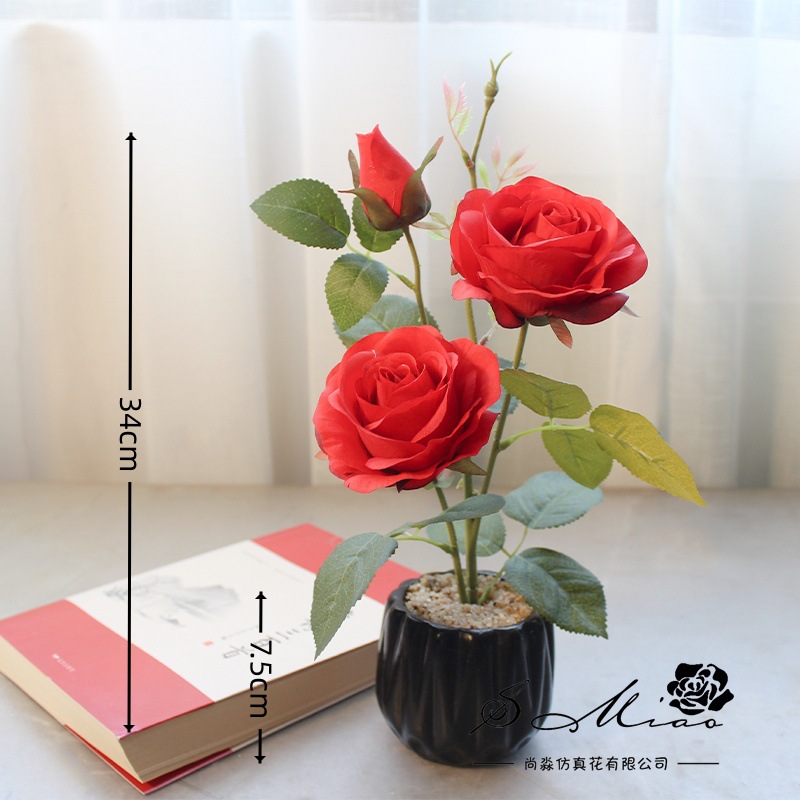 Flores simuladas de tres cabezas de rosa pequeña decoración creativa bonsai fábrica de decoración directa para plantas verdes artificiales falsas macetas simuladas image 5