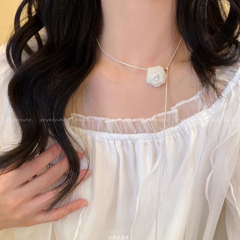 月光白~超仙网纱玫瑰花朵抽拉项链女高级感轻奢小众颈链装饰配饰|undefined