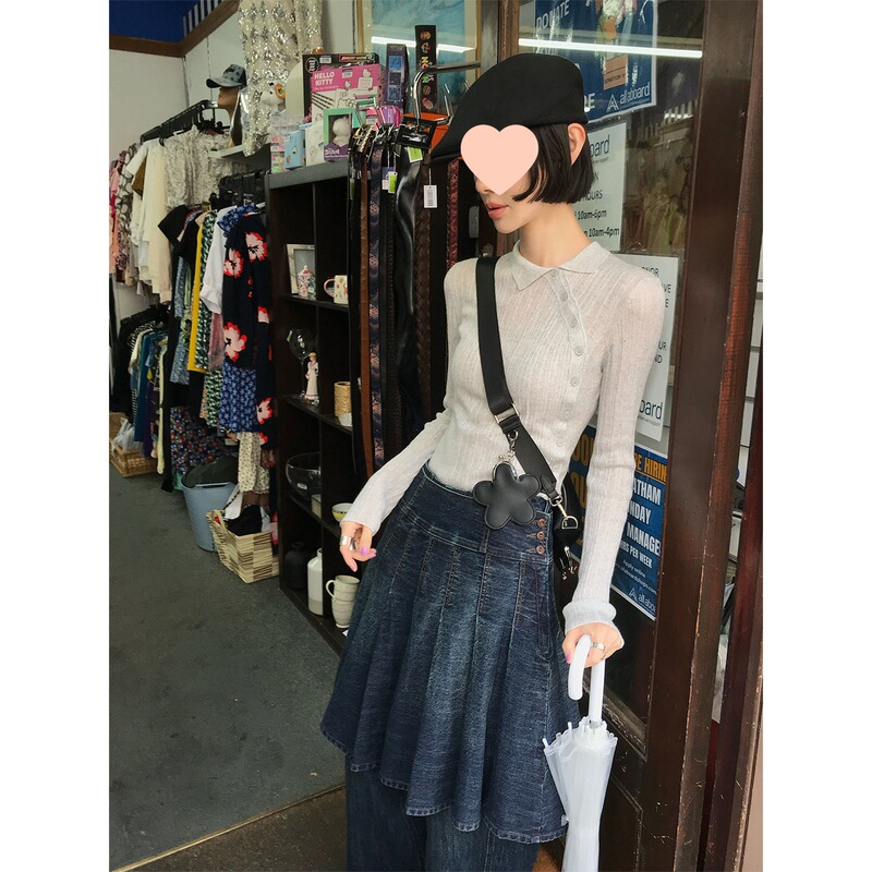 Mona Zhang's asymmetric cut designer knitwear/wool blend spicy girl style asymmetrical polo collar base shirt