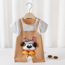 外贸工厂批发时尚韩版婴幼儿0--1岁假两件短袖背带拼接婴儿连体衣