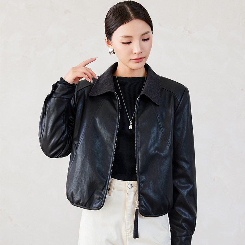 Áo khoác da nữ cổ bẻ dáng ôm phối lông bên trong kiểu mới — màu cà phê, đen, Màu cà phê Fleece dày, Màu đen Fleece dày chi tiết 7