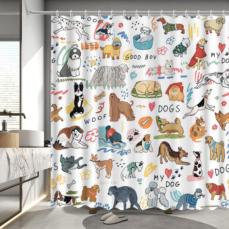Dog Shower Curtain Cute Dog Shower Curtain Different Kinds of Pet Dog Bathtub Decorative Fabric Waterproof Shower Curtain with Hook