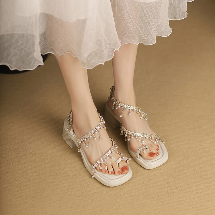 Sandal da thật kiểu La Mã gót thô cao vừa, quai ngang đính ngọc trai và tua rua, mũi hở xỏ ngón — Màu nâu, Màu đen, Màu trắng be chi tiết 5