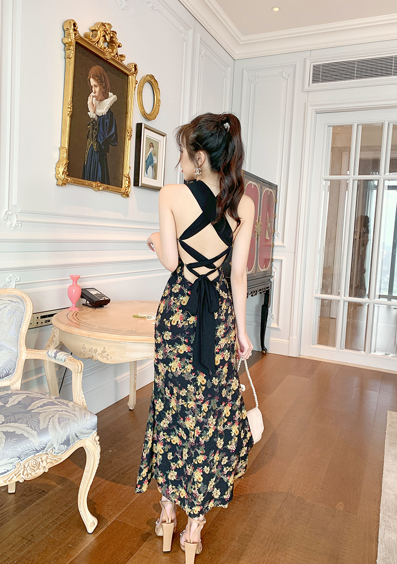Váy maxi dây hở lưng họa tiết hoa cổ điển Pháp thắt eo tôn dáng — Màu hoa chi tiết 16