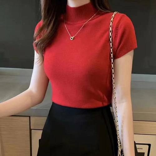 Half-high neck, half-sleeve knitted sweater for women—summer base layer, slimming innerwear, short vest-style top perfect for wearing alone or over other pieces.