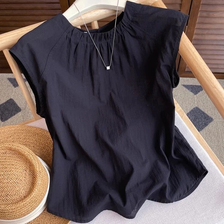French-Style Retro Black Chiffon Shirt for Women, 2025 New Design, Loose Casual Flutter Sleeve Top, Thin Sleeveless