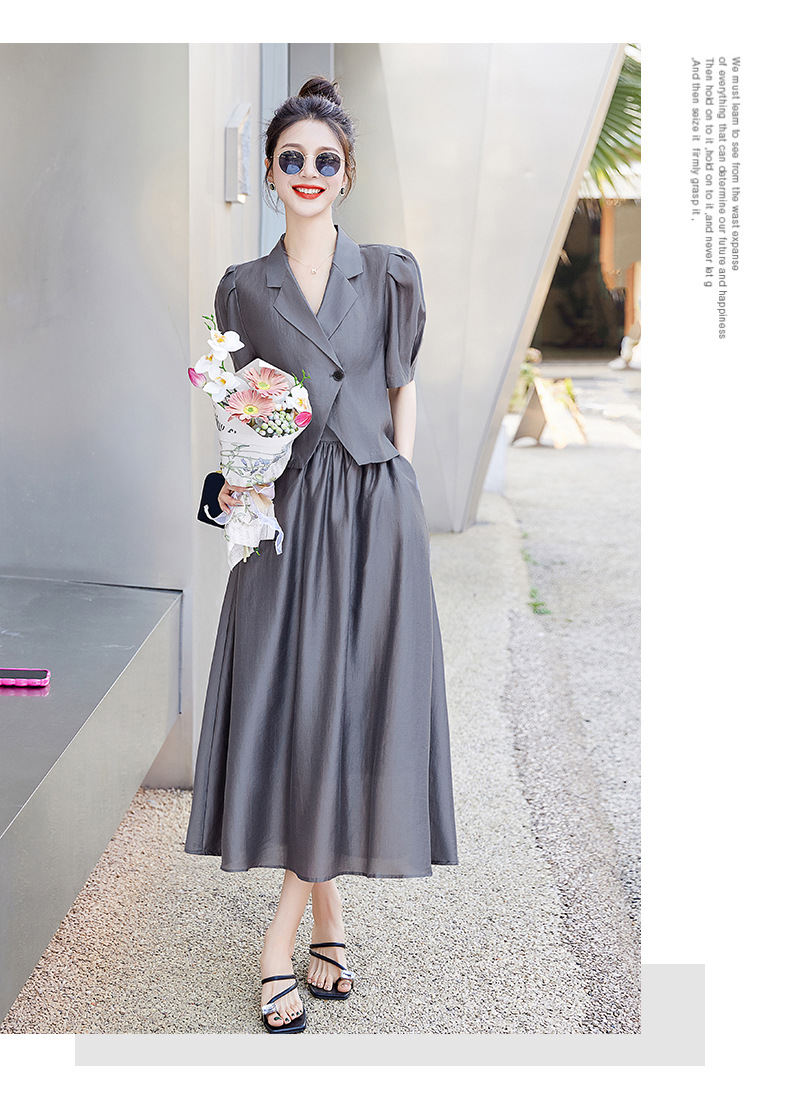 Bộ đồ Tencel nữ hai mảnh gồm áo và chân váy midi thắt eo — Màu đen, Màu xám, Màu kaki chi tiết 25