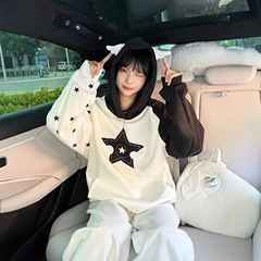 日系宅萌贴布星星小翅膀插肩袖卫衣女秋冬新款y2K情侣百搭帽衫