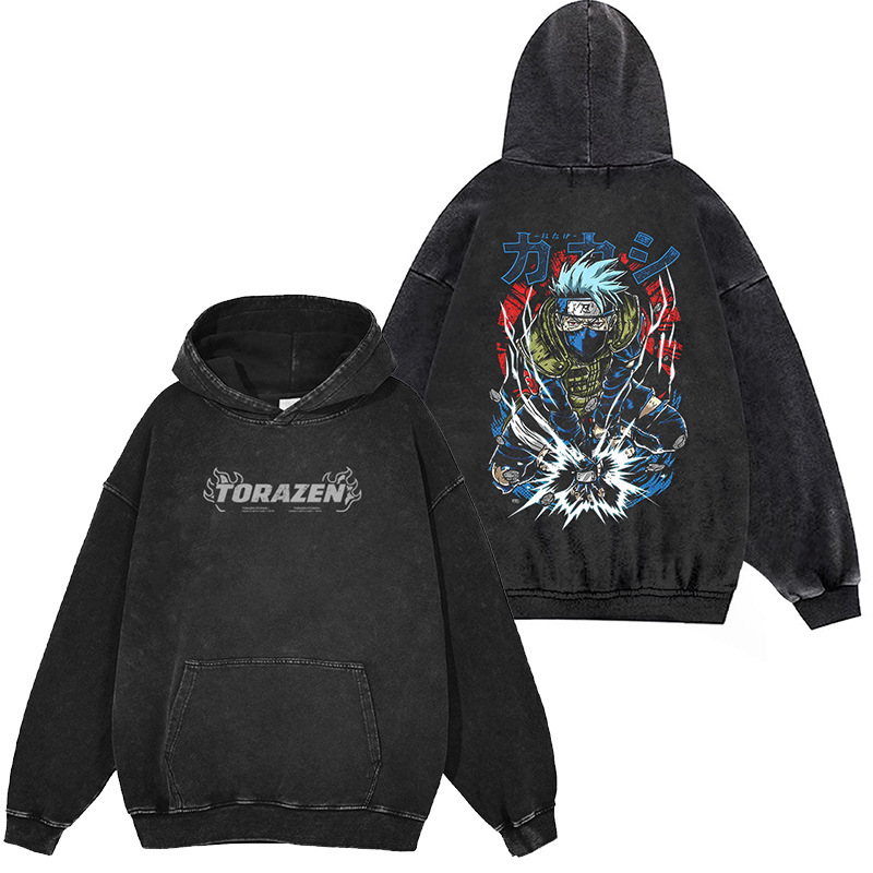 Japanese classic Naruto cartoon anime oversize high street vintage washed batik hooded sweatshirt