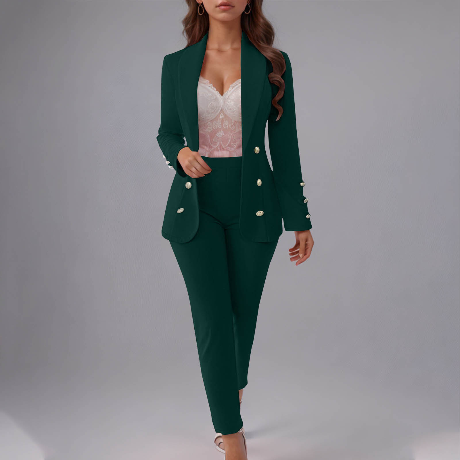 Women's Button-Up Blazer Set – Slim Fit Notch Lapel Suit Jacket & Pants (S-3XL, Poly-Spandex, Wrinkle-Free Office Wear)​_ecoleips.com