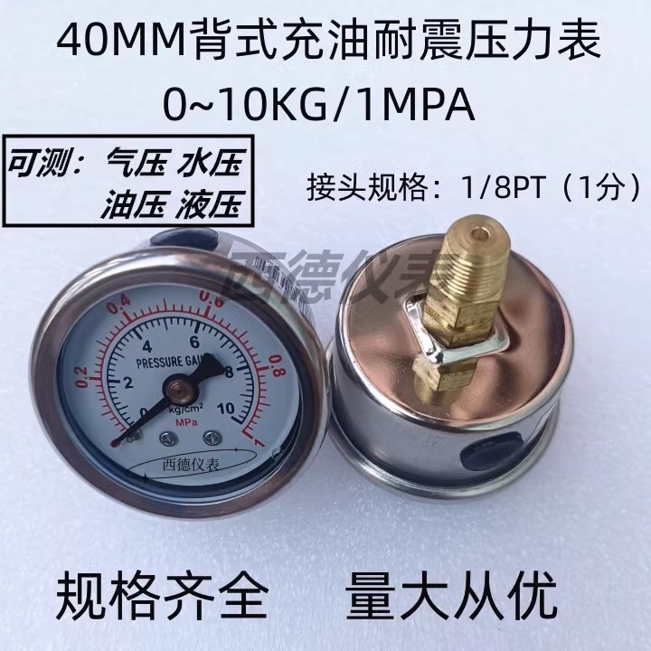 表壳不锈钢40MM背式0-1MPA/10KG充油耐震压力表   气压表  水压表