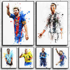 水彩足球明星墙壁艺术海报客厅家居装饰帆布画壁画图片打印艺术品