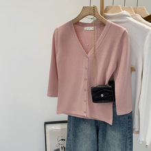 品牌欧货韩系羊毛纽扣V领中袖针织开衫外套女2025新款七分袖上衣