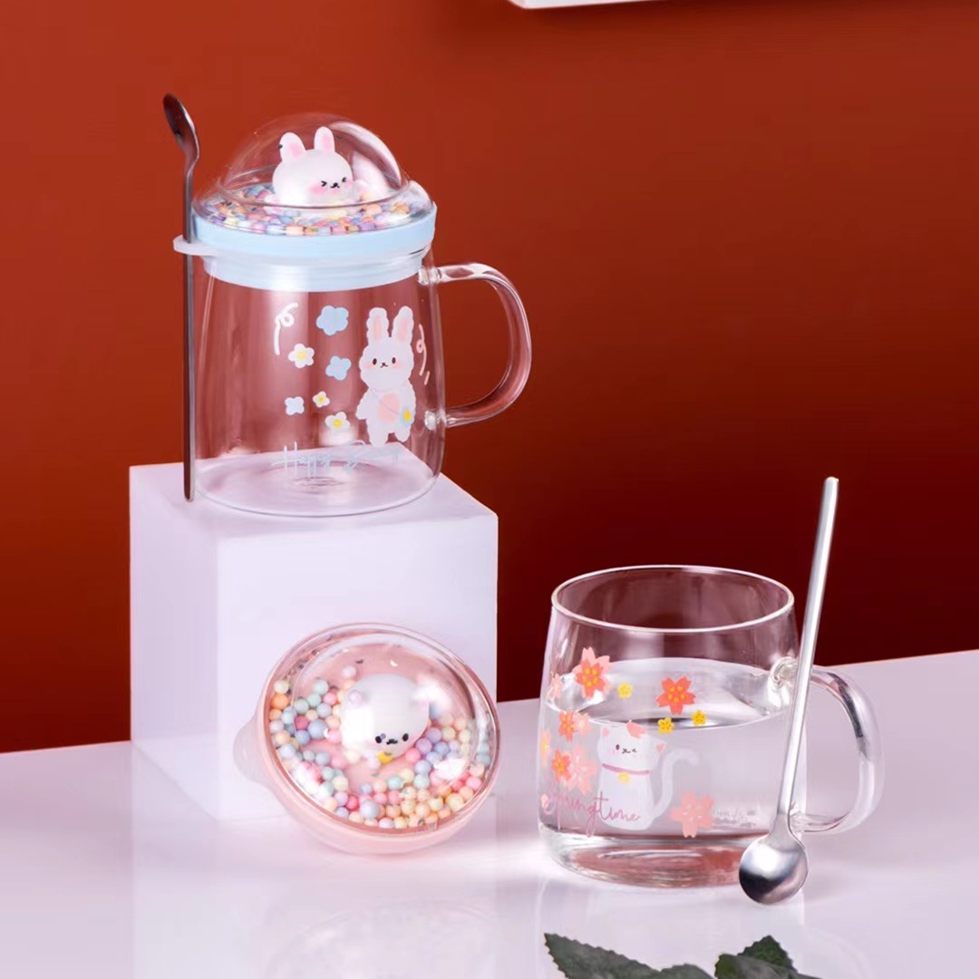 Creativo lindo cristal transparente paisaje conejo gato dibujos animados personalidad taza con tapa cuchara lindo beber taza leche taza de té