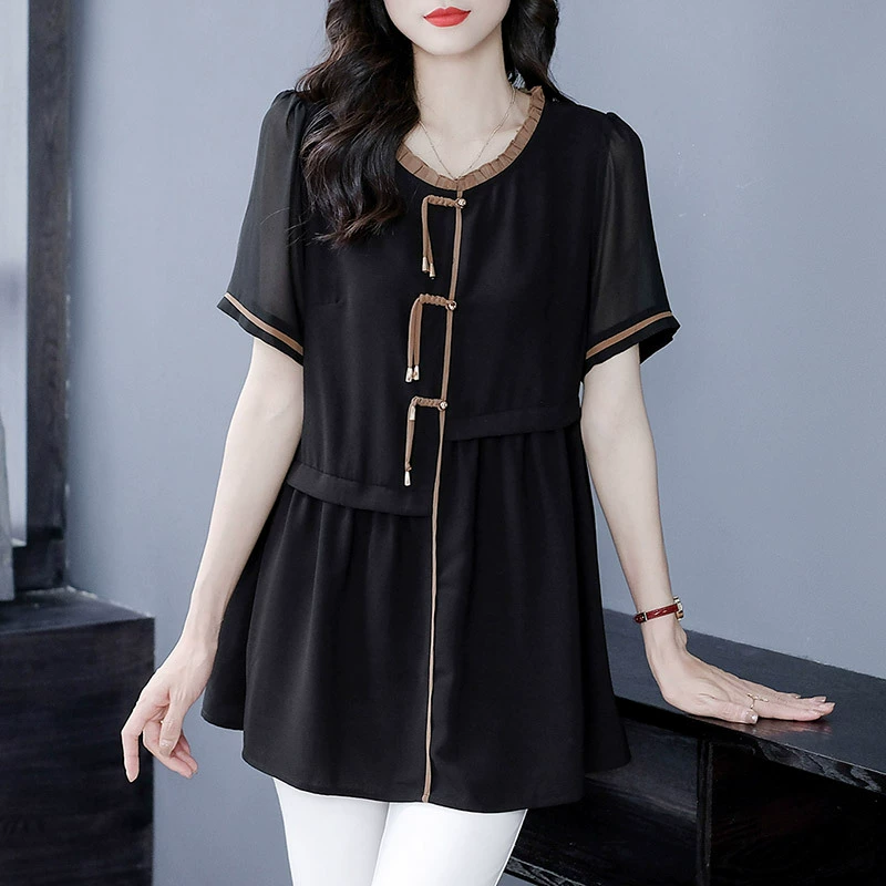 Летняя одежда для мам среднего возраста, шифоновая рубашка А-силуэта с пряжкой и круглым вырезом и короткими рукавами, свободная женская одежда больших размеров