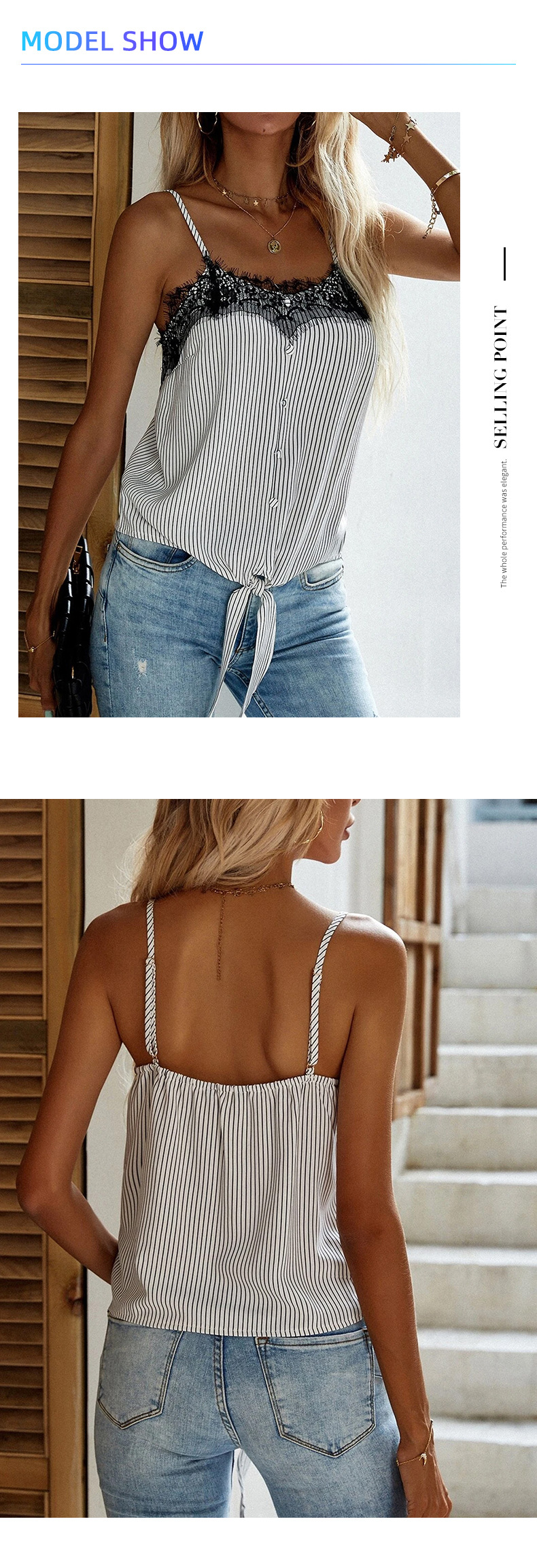 lace edge striped knotted backless camisole  NSNXG121100