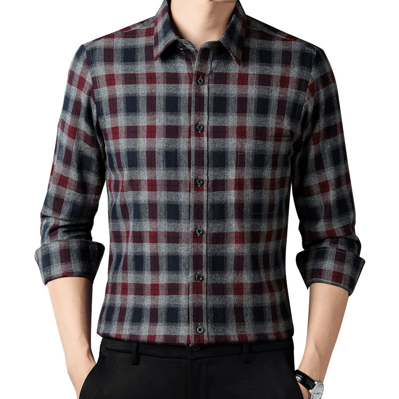 Новые новые весенние и осенние хлопчатобумажные шерстистые рубашки в клетку для мужчин с длинными рукавами