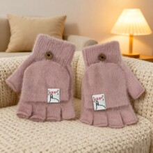 跨境冬季骑车防寒保暖翻盖毛绒女学生日系半指棉万圣节夜光手套男